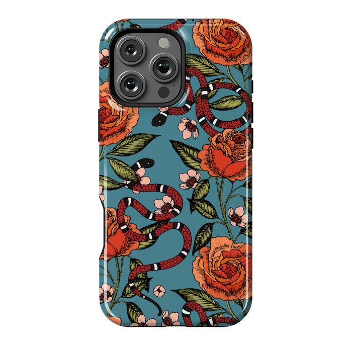 iPhone 16 Pro Max StrongFit Roses and snake. Blue pattern by Julia Badeeva