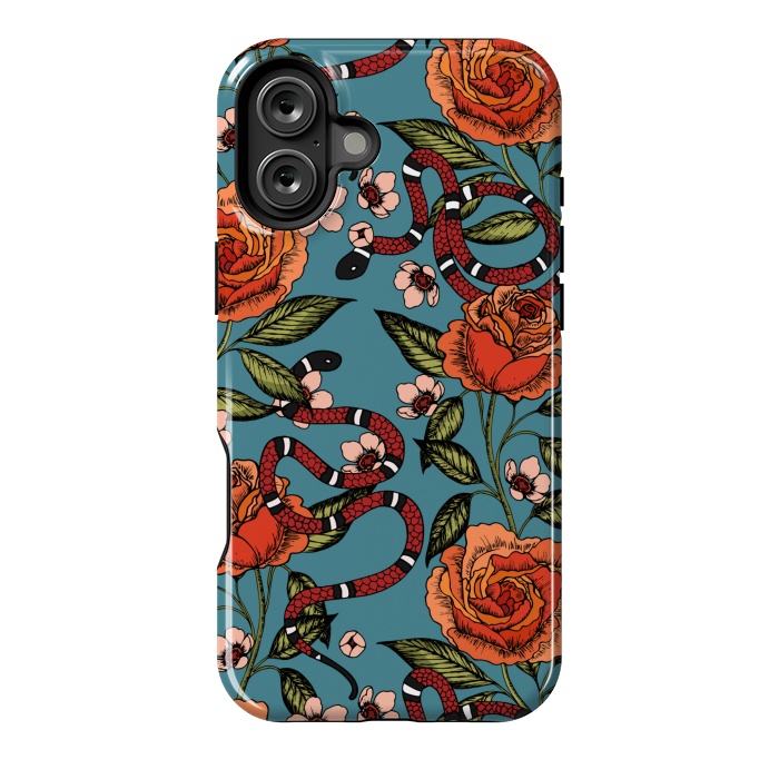 iPhone 16 Plus StrongFit Roses and snake. Blue pattern by Julia Badeeva