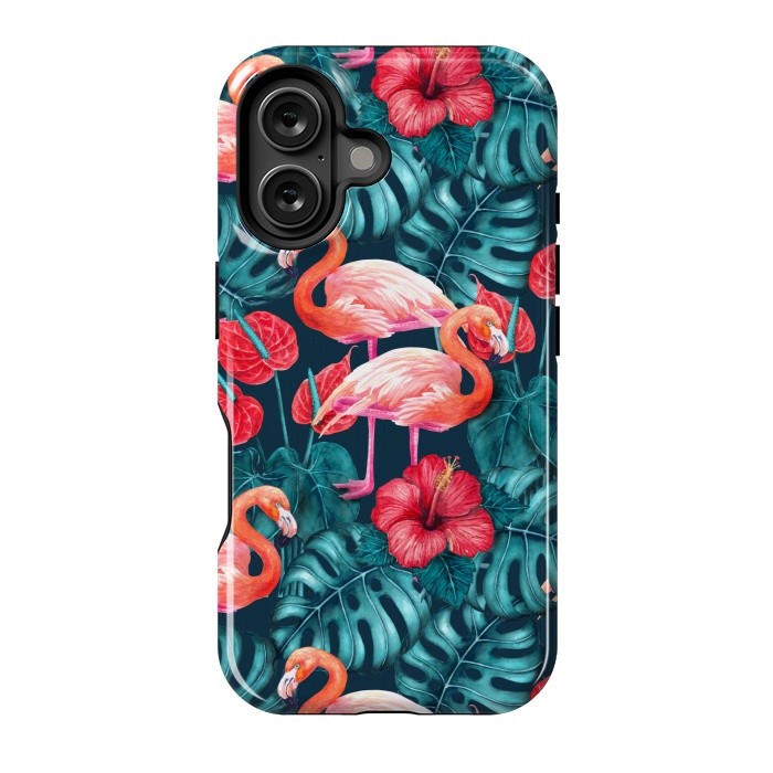 iPhone 16 StrongFit Flamingo birds and tropical garden watercolor by Katerina Kirilova