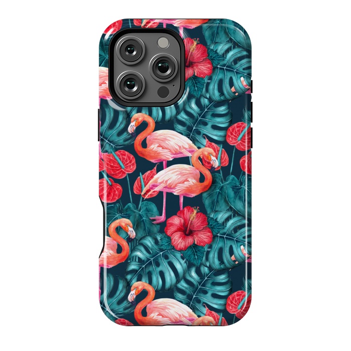 iPhone 16 Pro Max StrongFit Flamingo birds and tropical garden watercolor by Katerina Kirilova