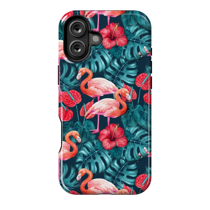 iPhone 16 Plus StrongFit Flamingo birds and tropical garden watercolor by Katerina Kirilova