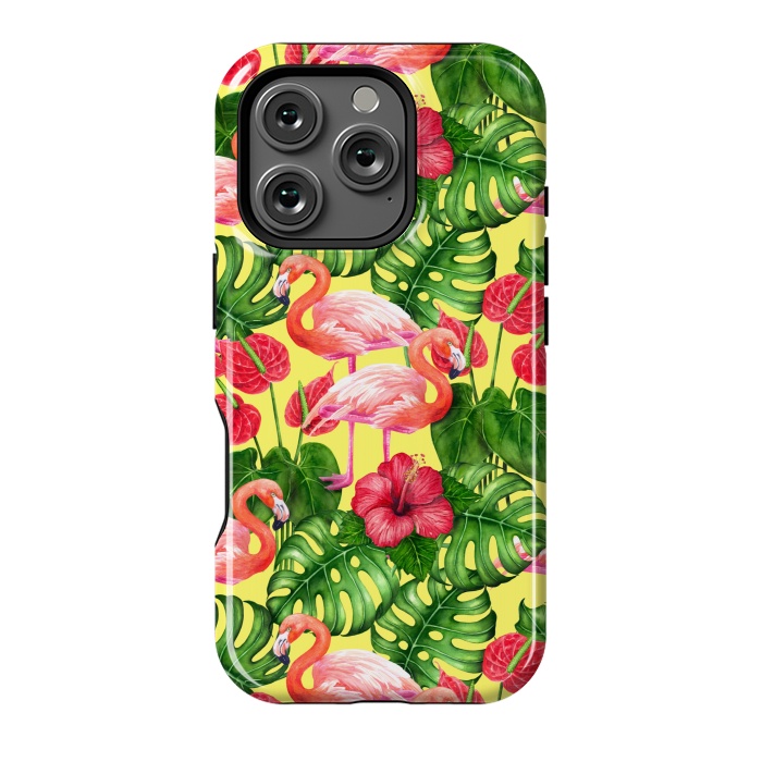 iPhone 16 Pro StrongFit Flamingo birds and tropical garden watercolor 2 by Katerina Kirilova