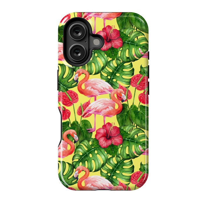 iPhone 16 StrongFit Flamingo birds and tropical garden watercolor 2 by Katerina Kirilova