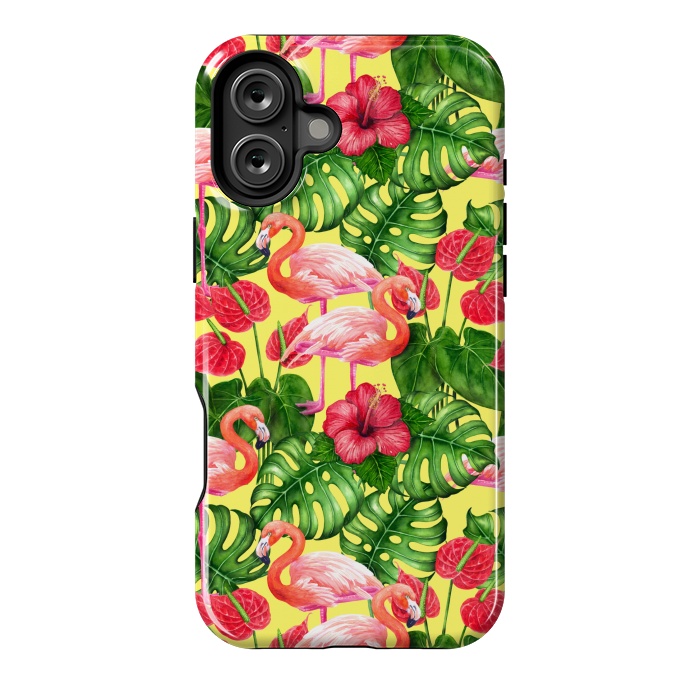 iPhone 16 Plus StrongFit Flamingo birds and tropical garden watercolor 2 by Katerina Kirilova