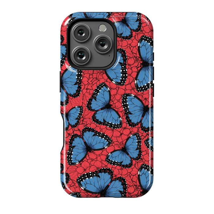 iPhone 16 Pro StrongFit Blue Morpho butterfly on red hydrangea by Katerina Kirilova