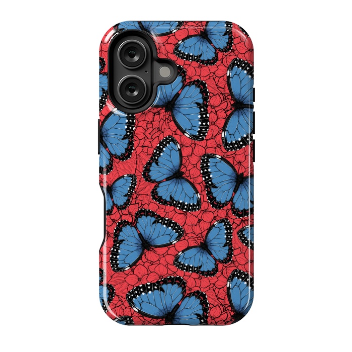 iPhone 16 StrongFit Blue Morpho butterfly on red hydrangea by Katerina Kirilova