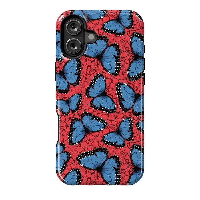 iPhone 16 Plus StrongFit Blue Morpho butterfly on red hydrangea by Katerina Kirilova