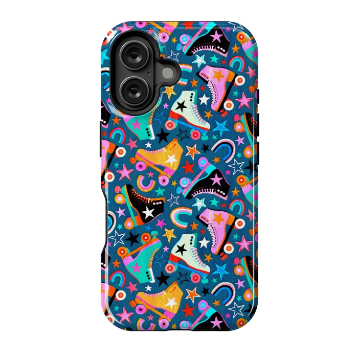 iPhone 16 StrongFit Retro Rainbow Roller Skates and Stars by Micklyn Le Feuvre