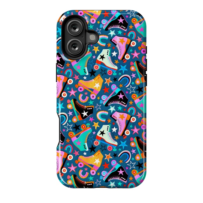 iPhone 16 Plus StrongFit Retro Rainbow Roller Skates and Stars by Micklyn Le Feuvre