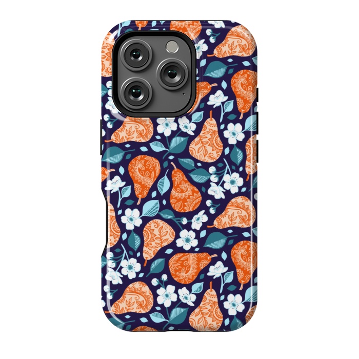 iPhone 16 Pro StrongFit Cheerful Pears in Orange on Navy Blue by Micklyn Le Feuvre