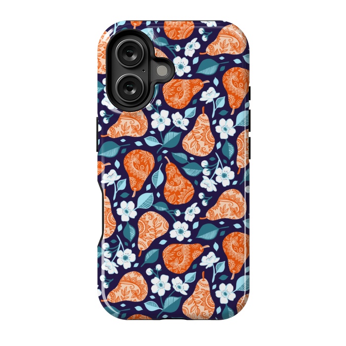 iPhone 16 StrongFit Cheerful Pears in Orange on Navy Blue by Micklyn Le Feuvre