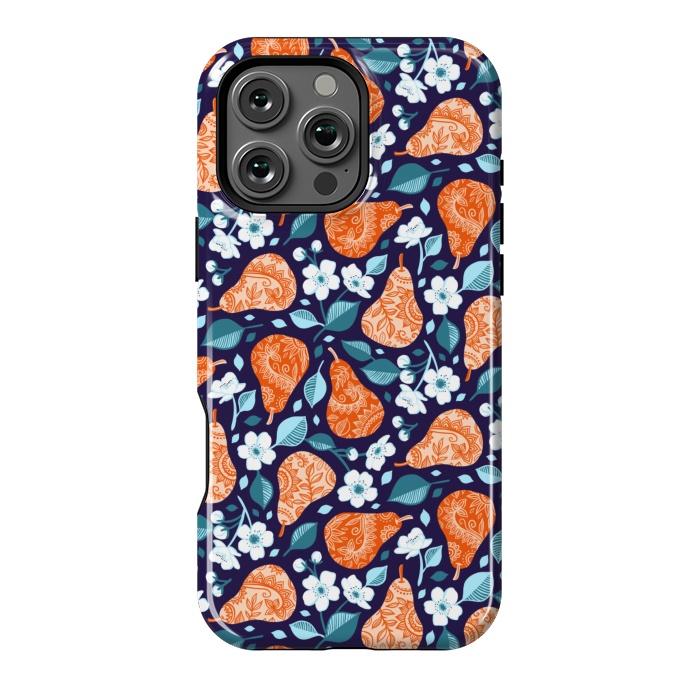 iPhone 16 Pro Max StrongFit Cheerful Pears in Orange on Navy Blue by Micklyn Le Feuvre