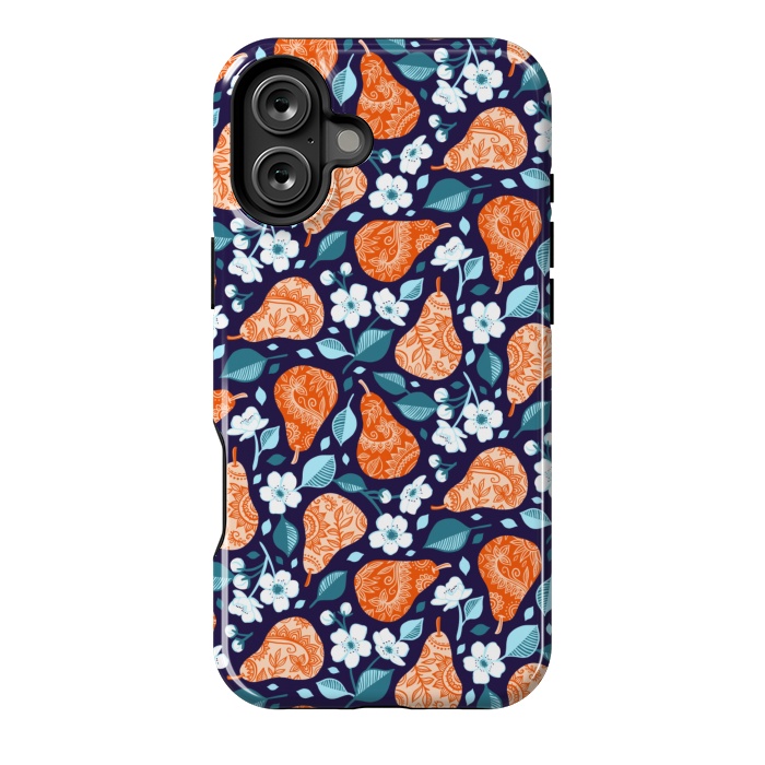 iPhone 16 Plus StrongFit Cheerful Pears in Orange on Navy Blue by Micklyn Le Feuvre