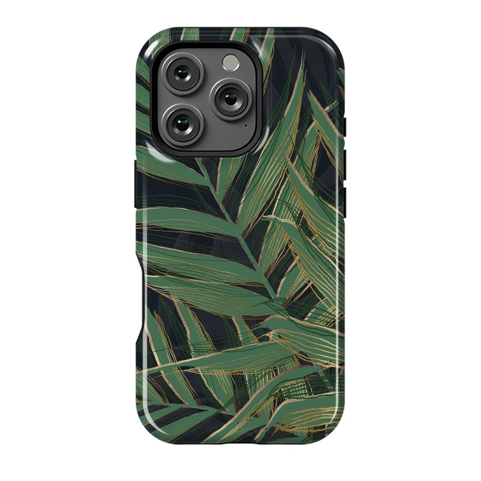 iPhone 16 Pro StrongFit Trendy Green Palm Leaves Gold Strokes Gray Design by InovArts