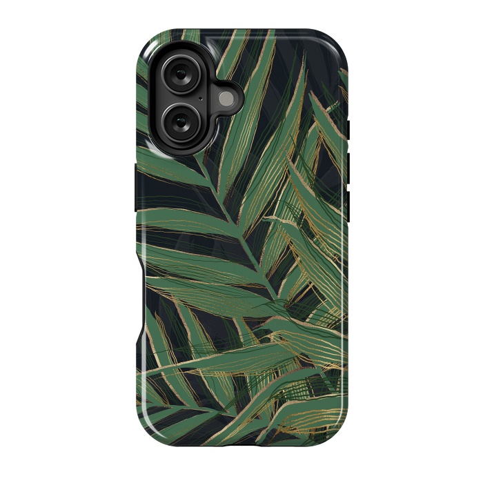 iPhone 16 StrongFit Trendy Green Palm Leaves Gold Strokes Gray Design by InovArts