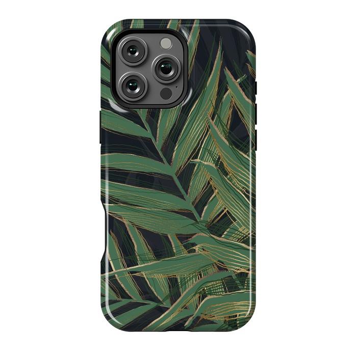 iPhone 16 Pro Max StrongFit Trendy Green Palm Leaves Gold Strokes Gray Design by InovArts