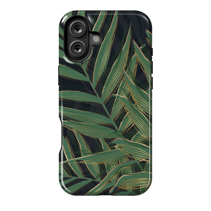 iPhone 16 Plus StrongFit Trendy Green Palm Leaves Gold Strokes Gray Design by InovArts