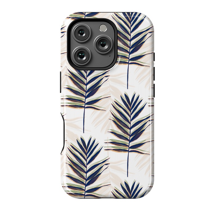 iPhone 16 Pro StrongFit Modern Blue Palm Leaves Gold Strokes White Design by InovArts