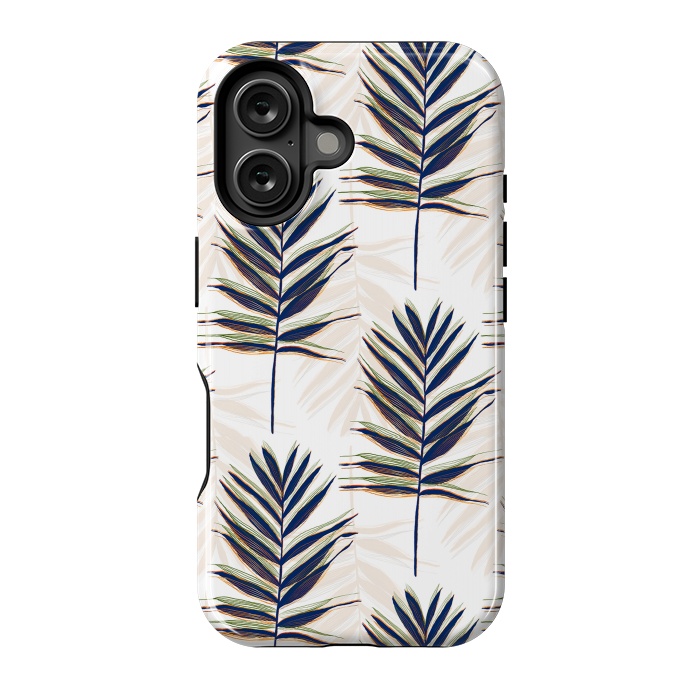 iPhone 16 StrongFit Modern Blue Palm Leaves Gold Strokes White Design by InovArts