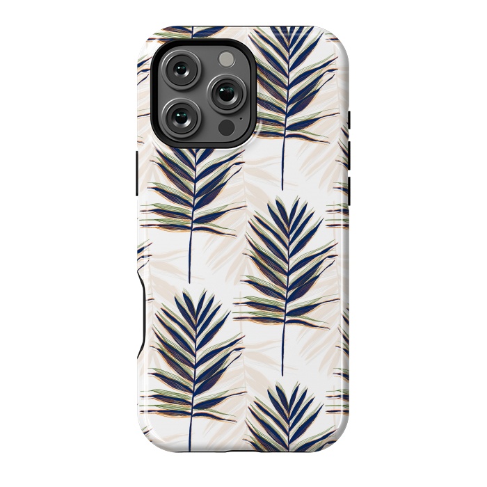 iPhone 16 Pro Max StrongFit Modern Blue Palm Leaves Gold Strokes White Design by InovArts