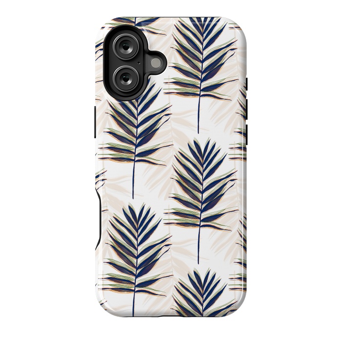 iPhone 16 Plus StrongFit Modern Blue Palm Leaves Gold Strokes White Design by InovArts