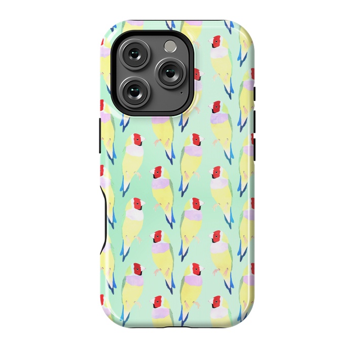 iPhone 16 Pro StrongFit Cute Watercolor rainbow finch bird Mint Pattern by InovArts