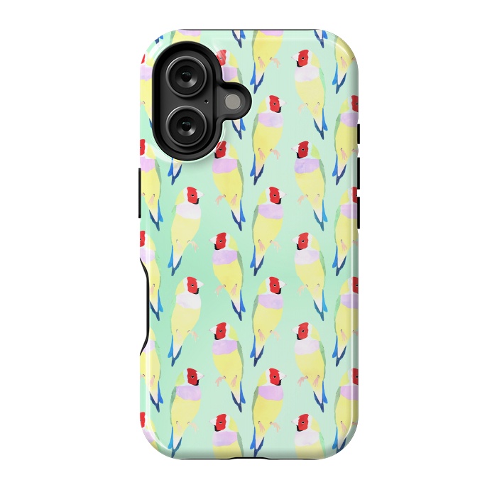 iPhone 16 StrongFit Cute Watercolor rainbow finch bird Mint Pattern by InovArts