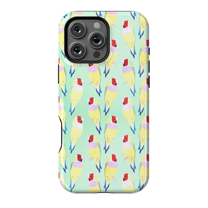 iPhone 16 Pro Max StrongFit Cute Watercolor rainbow finch bird Mint Pattern by InovArts