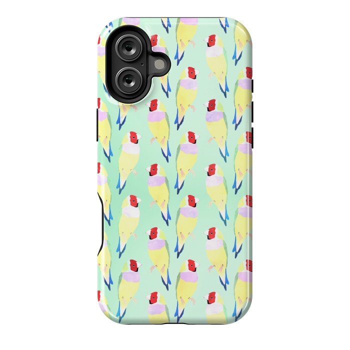 iPhone 16 Plus StrongFit Cute Watercolor rainbow finch bird Mint Pattern by InovArts