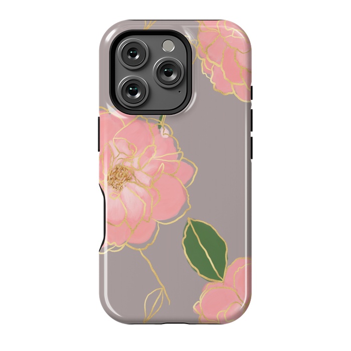 iPhone 16 Pro StrongFit Elegant Pink & Gold Watercolor Roses Gray Design by InovArts