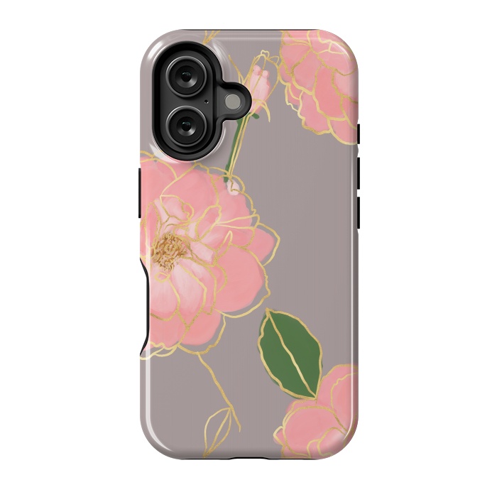 iPhone 16 StrongFit Elegant Pink & Gold Watercolor Roses Gray Design by InovArts