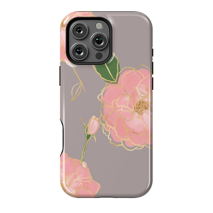 iPhone 16 Pro Max StrongFit Elegant Pink & Gold Watercolor Roses Gray Design by InovArts