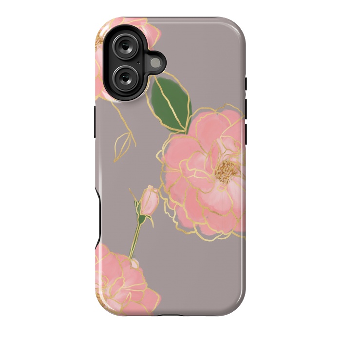 iPhone 16 Plus StrongFit Elegant Pink & Gold Watercolor Roses Gray Design by InovArts