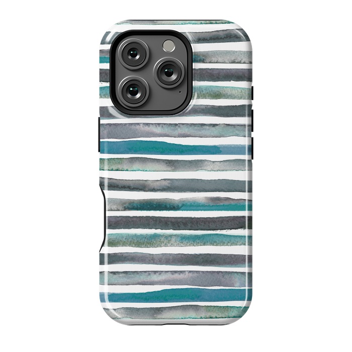 iPhone 16 Pro StrongFit Watercolor Stripes and Lines Blue Aqua by Ninola Design