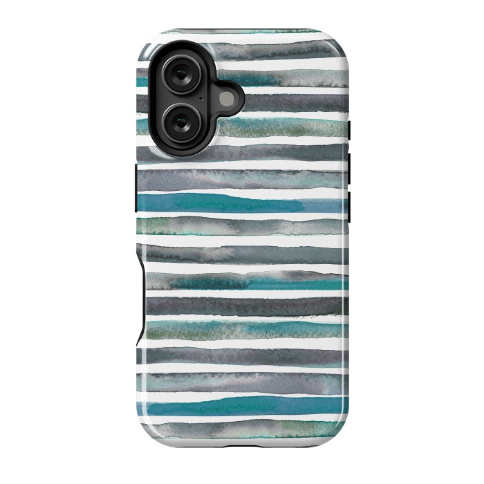 iPhone 16 StrongFit Watercolor Stripes and Lines Blue Aqua by Ninola Design