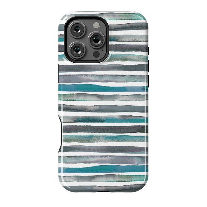 iPhone 16 Pro Max StrongFit Watercolor Stripes and Lines Blue Aqua by Ninola Design