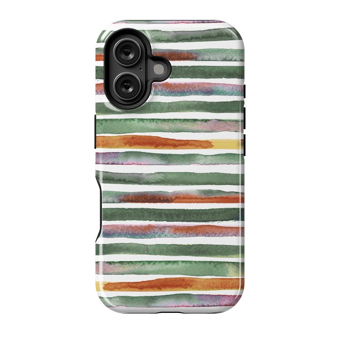 iPhone 16 StrongFit Watercolor Stripes and Lines Green Orange by Ninola Design