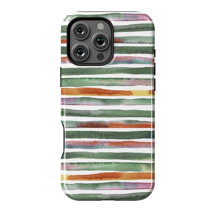 iPhone 16 Pro Max StrongFit Watercolor Stripes and Lines Green Orange by Ninola Design