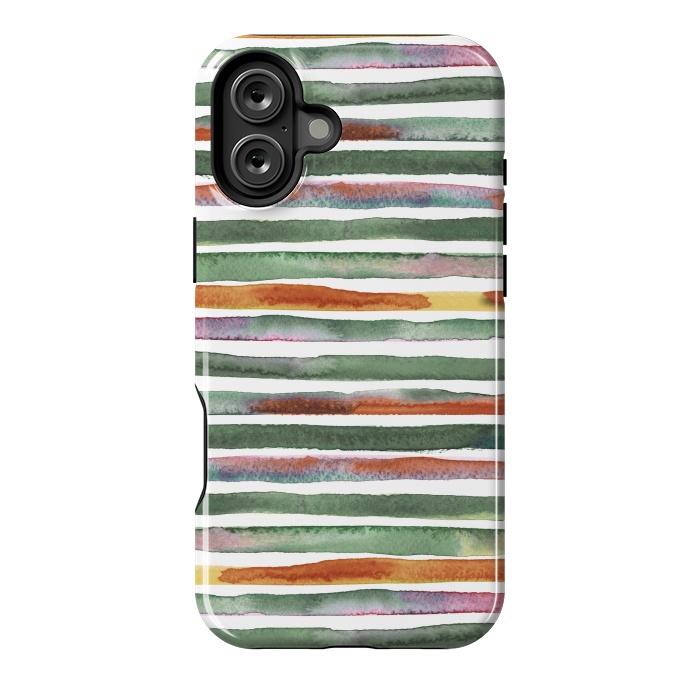 iPhone 16 Plus StrongFit Watercolor Stripes and Lines Green Orange by Ninola Design