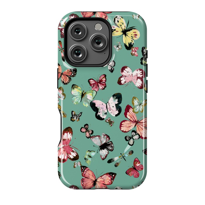 iPhone 16 Pro StrongFit Flying Butterflies Watercolor Teal by Ninola Design