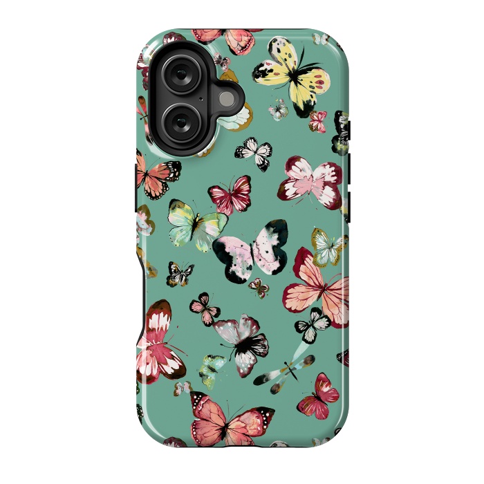 iPhone 16 StrongFit Flying Butterflies Watercolor Teal by Ninola Design