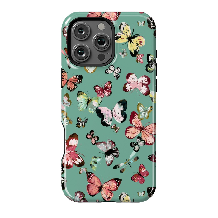 iPhone 16 Pro Max StrongFit Flying Butterflies Watercolor Teal by Ninola Design