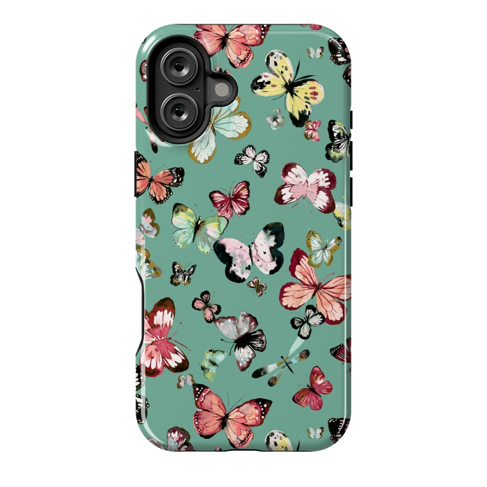 iPhone 16 Plus StrongFit Flying Butterflies Watercolor Teal by Ninola Design