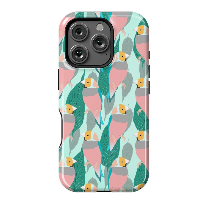 iPhone 16 Pro StrongFit Trendy Pink Rainbow Finch Bird & Green Foliage Design by InovArts