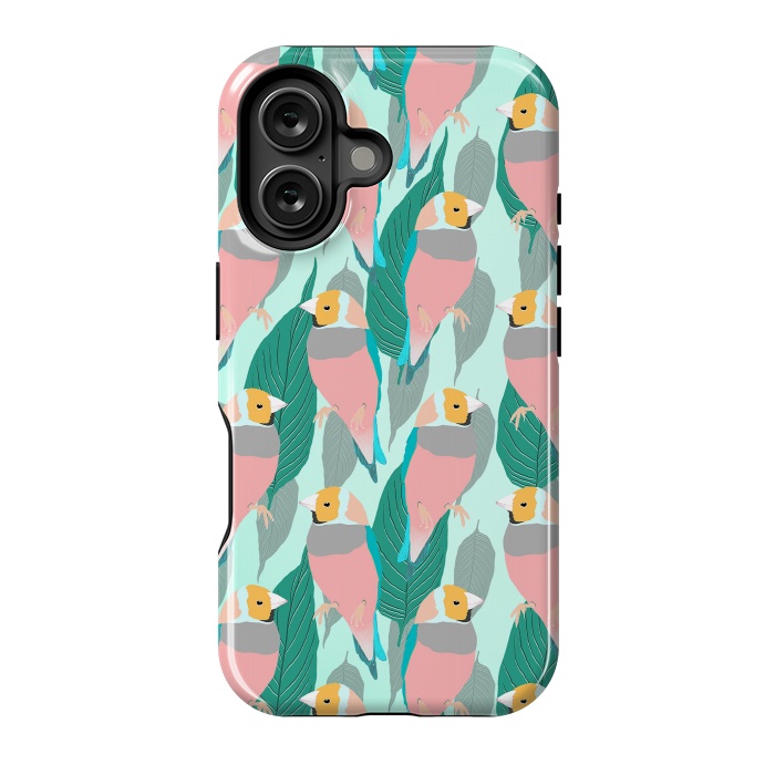 iPhone 16 StrongFit Trendy Pink Rainbow Finch Bird & Green Foliage Design by InovArts