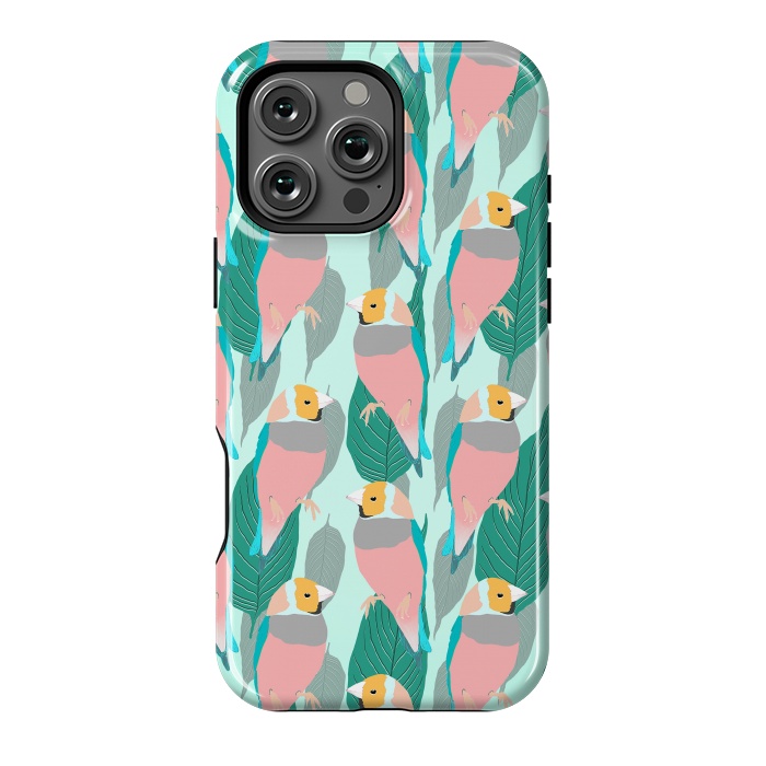 iPhone 16 Pro Max StrongFit Trendy Pink Rainbow Finch Bird & Green Foliage Design by InovArts