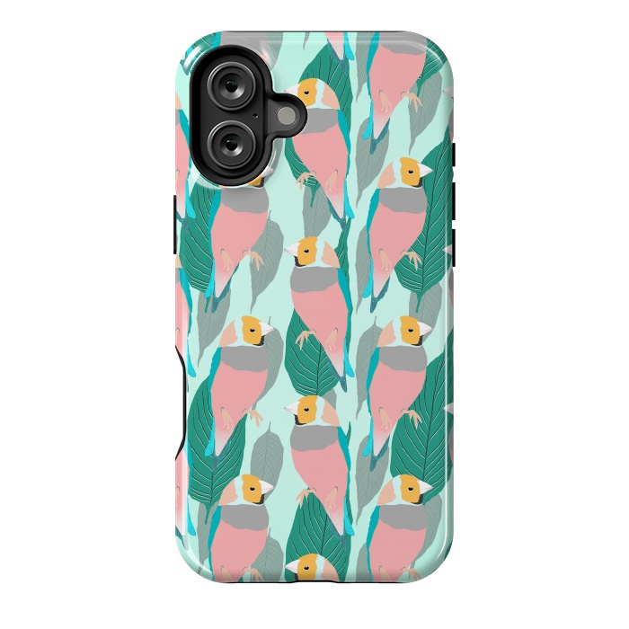 iPhone 16 Plus StrongFit Trendy Pink Rainbow Finch Bird & Green Foliage Design by InovArts