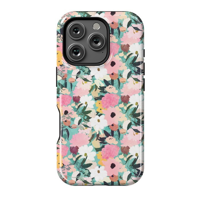 iPhone 16 Pro StrongFit Pretty Watercolor Pink & White Floral Green Design by InovArts