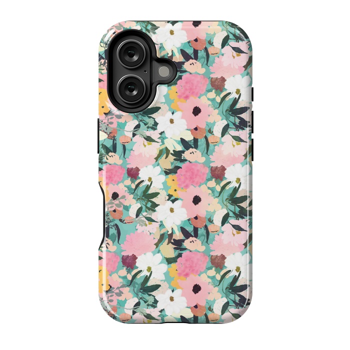 iPhone 16 StrongFit Pretty Watercolor Pink & White Floral Green Design by InovArts