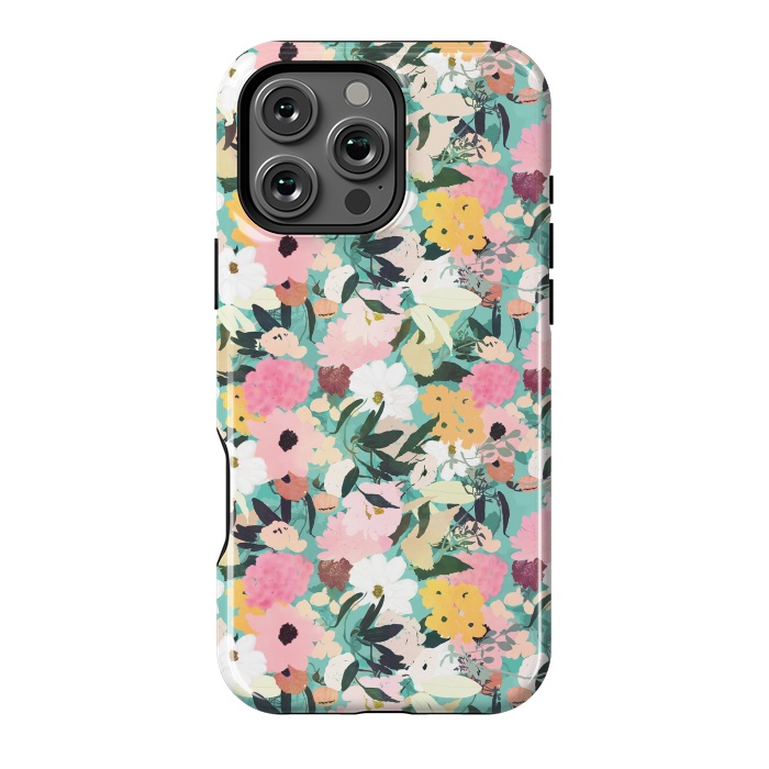 iPhone 16 Pro Max StrongFit Pretty Watercolor Pink & White Floral Green Design by InovArts